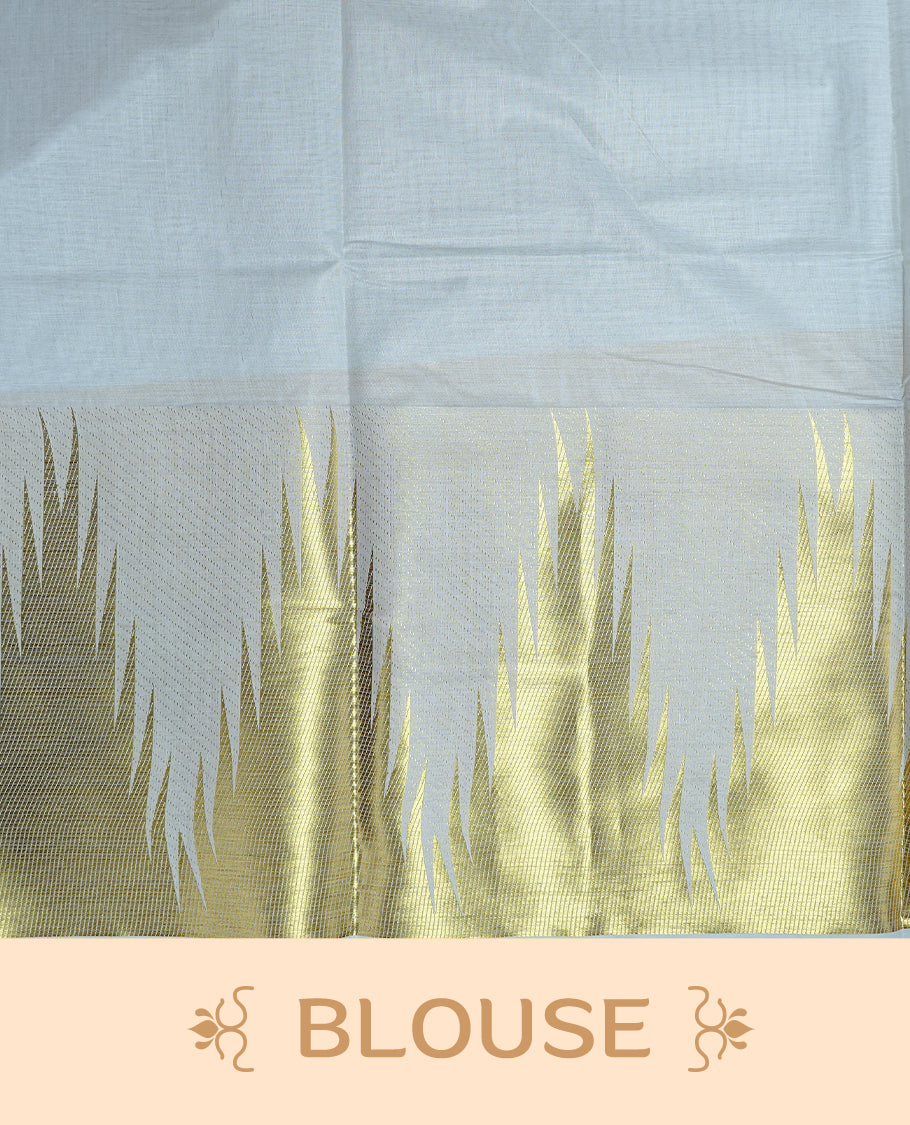 Cream Colour Cotton Kerala Saree Featuring  Temple Pattern On The Body ,Paired With A Matching Blouse Piece.