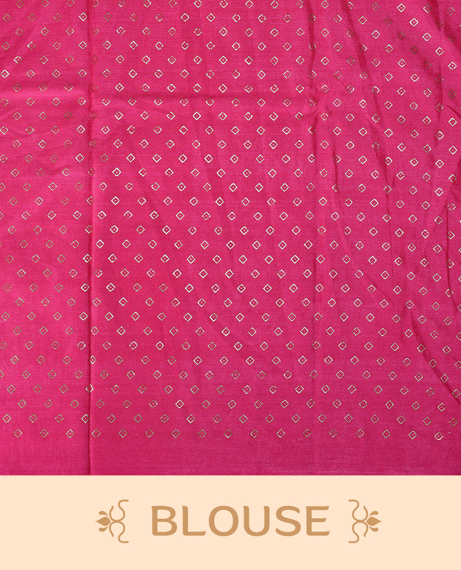 Grey colour saree adorned with delicate woven motifs on the body, enhanced with a vibrant Pink border, complemented by a colourful printed pallu featuring floral and bird designs, and paired with a matching blouse