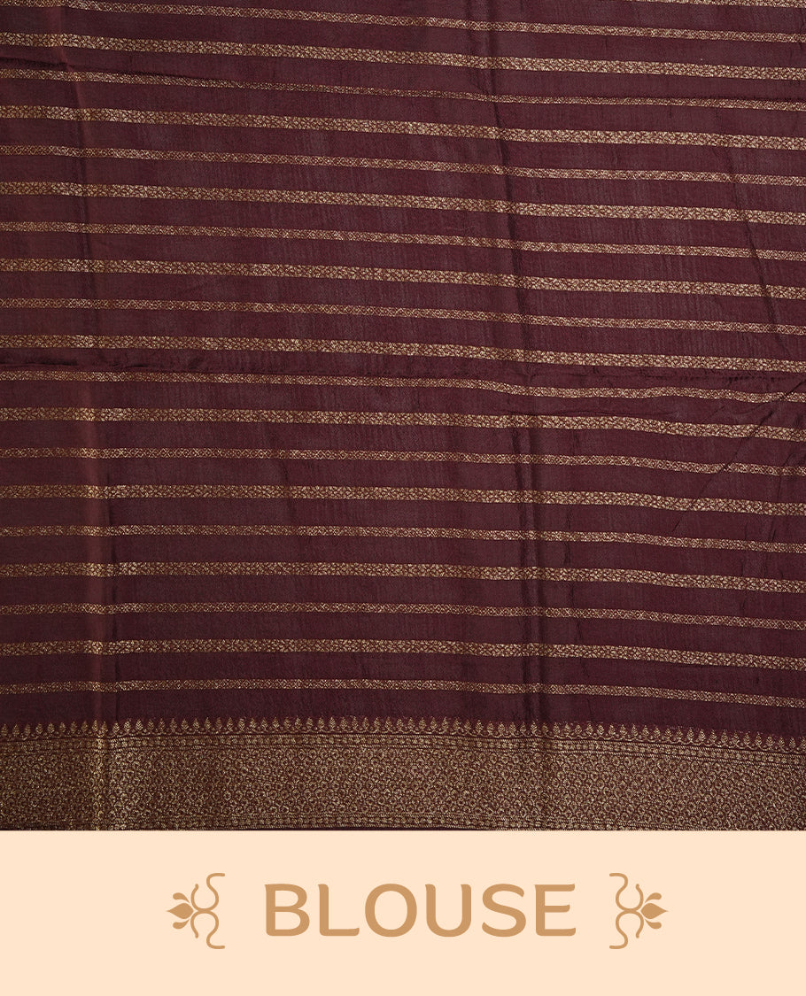 Dark coffee brown colour semi Banarasi Tussar Georgette saree with delicate gold zari buttas on the body, a rich golden zari pallu, and detailed woven border & Comes with a matching blouse piece.