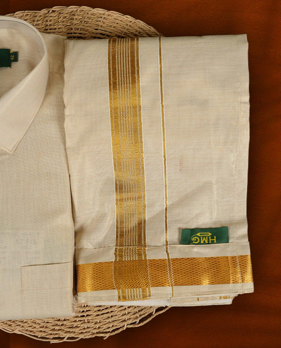 Gold colour shirt & dhoti set by HMG with rich zari border detailing, A timeless choice for weddings, poojas & traditional gifting.