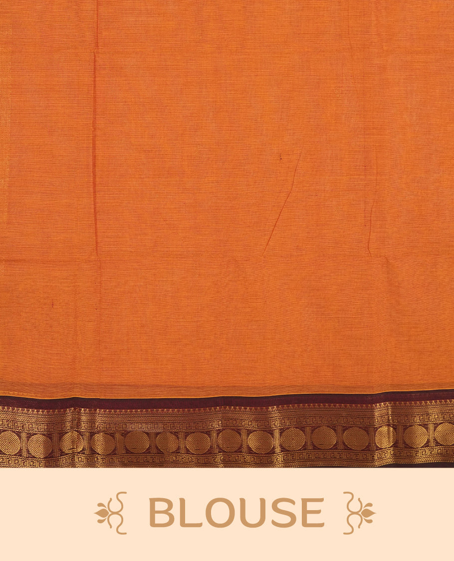 Mustard Orange colour Chettinad cotton saree adorned with small woven motifs on the body, The saree features a deep maroon border highlighted with intricate golden zari circular patterns and comes with a matching blouse piece.