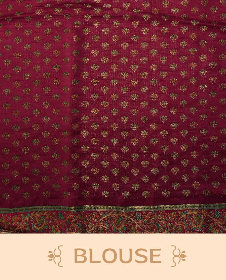 Beige Pashmina Silk Saree with Plain Body, Adorned with Intricately Woven Multicolor Elephant, Peacock, and Floral Motifs on Vibrant Pink-Green Zari Border & Grand Pallu, Paired with Matching Blouse Piece