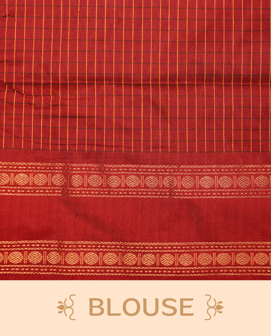 Red colour kalyani cotton saree featuring check pattern on body, highlighting self colour with simple gold zari border, paired with matching blouse piece.