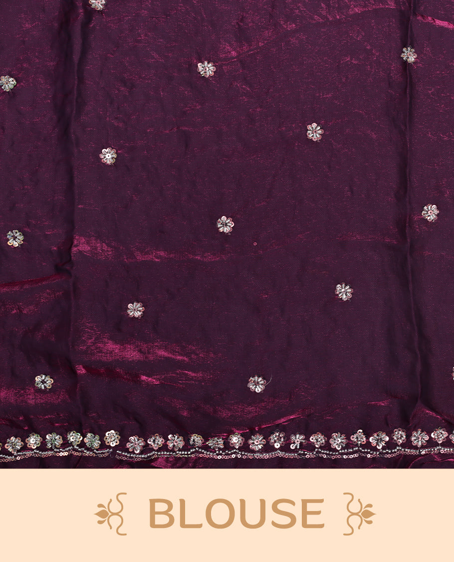 Burgundy colour designer saree featuring Sequins & cut beats worked body, cut beat worked border, paired with matching unstitched blouse.