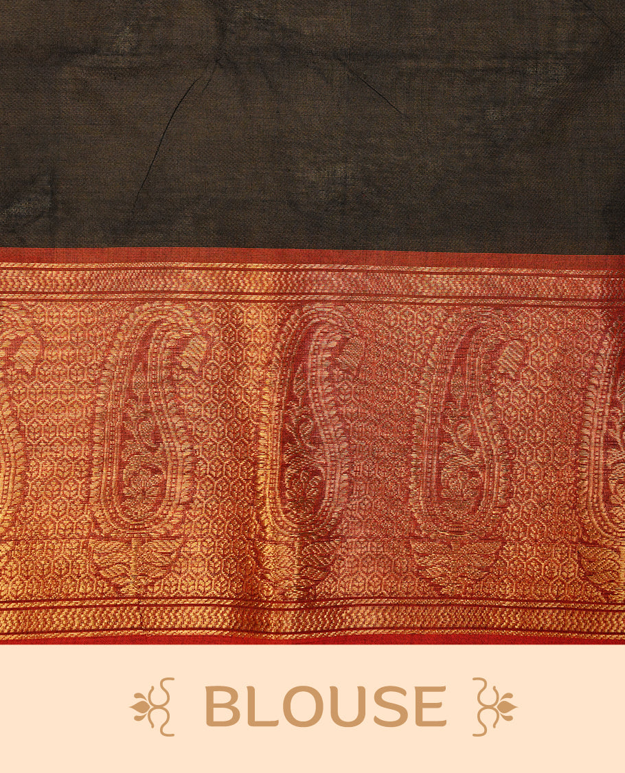 Black colour chettinad cotton saree featuring elegant plain body, complemented by red colour with zari border, paired with matching blouse piece.