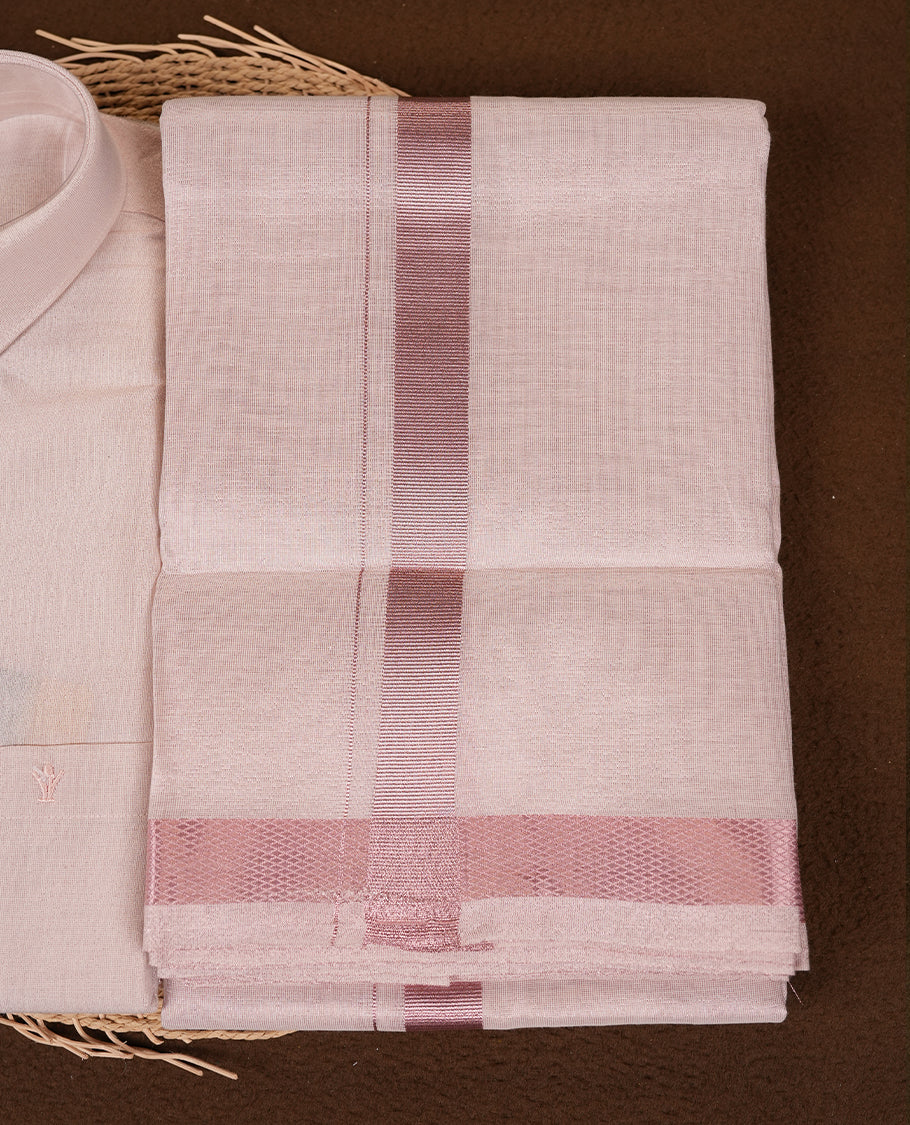RAMRAJ Rose Gold Colour shirt paired with a matching dhoti, elegantly finished with a Rose gold border.
