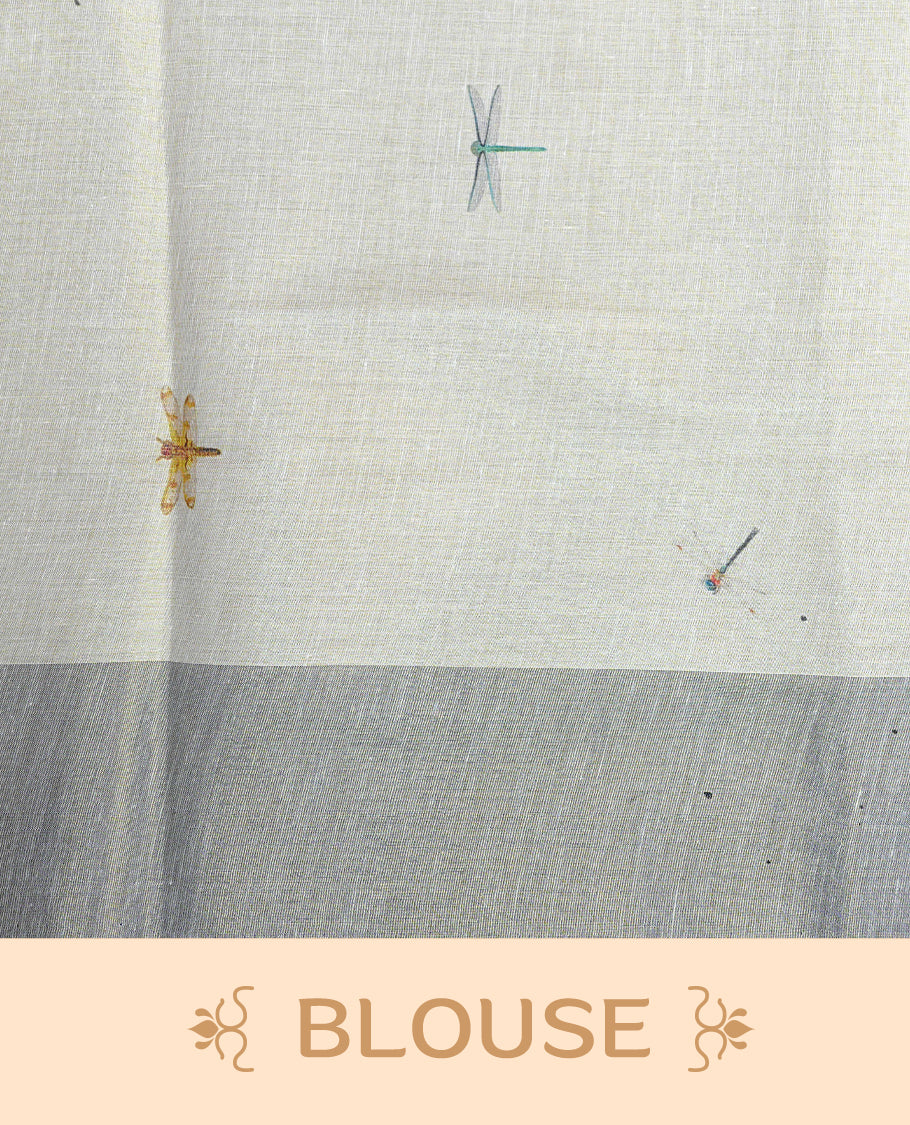 Cream Colour Tissue Kerala Saree Featuring  Plain Body ,Complemented By Blue  Zari With Dragonfly Printed   Border ,Enhance By A  Blue With Gold Zari  Pallu ,Paired With A Matching Blouse Piece.