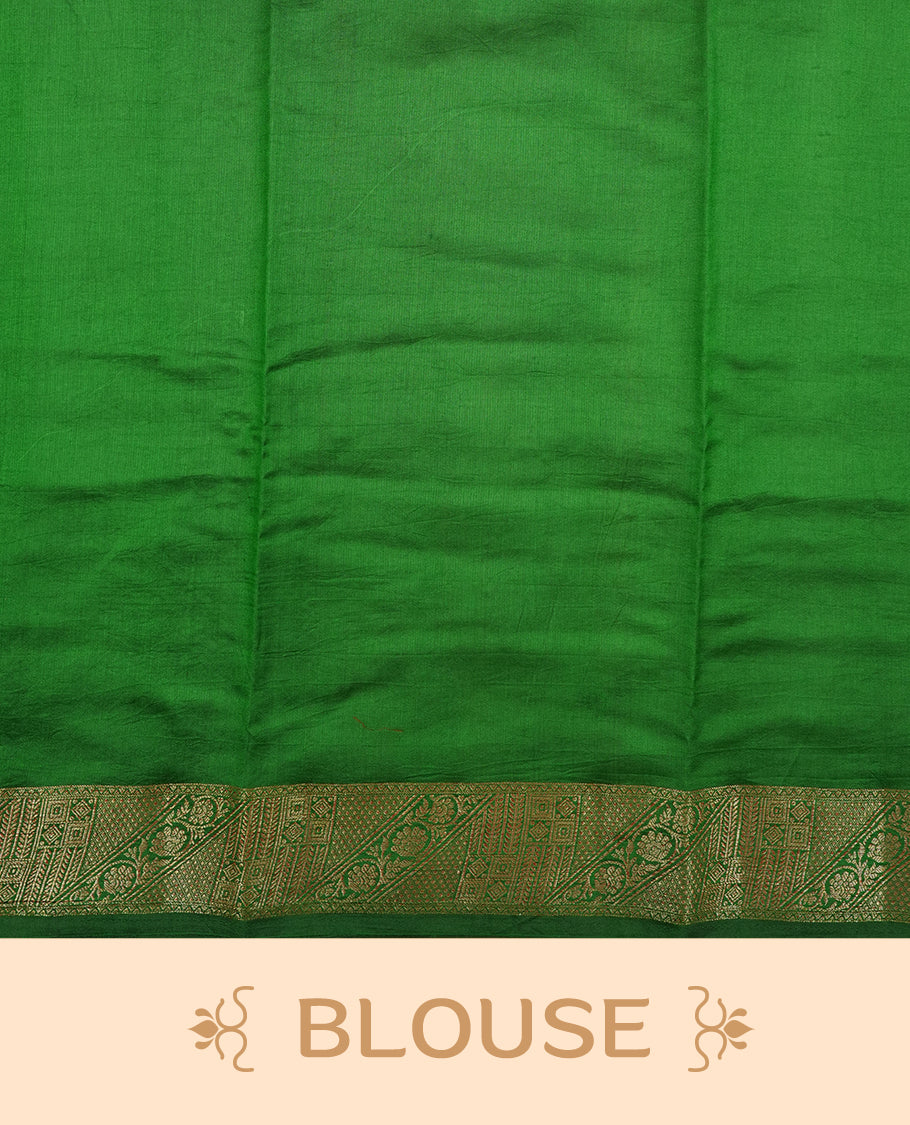 Cream beige Banaras soft silk saree with gold zari oval motifs on body, with contrast green colour floral pattern on pallu, border, and Matching blouse.