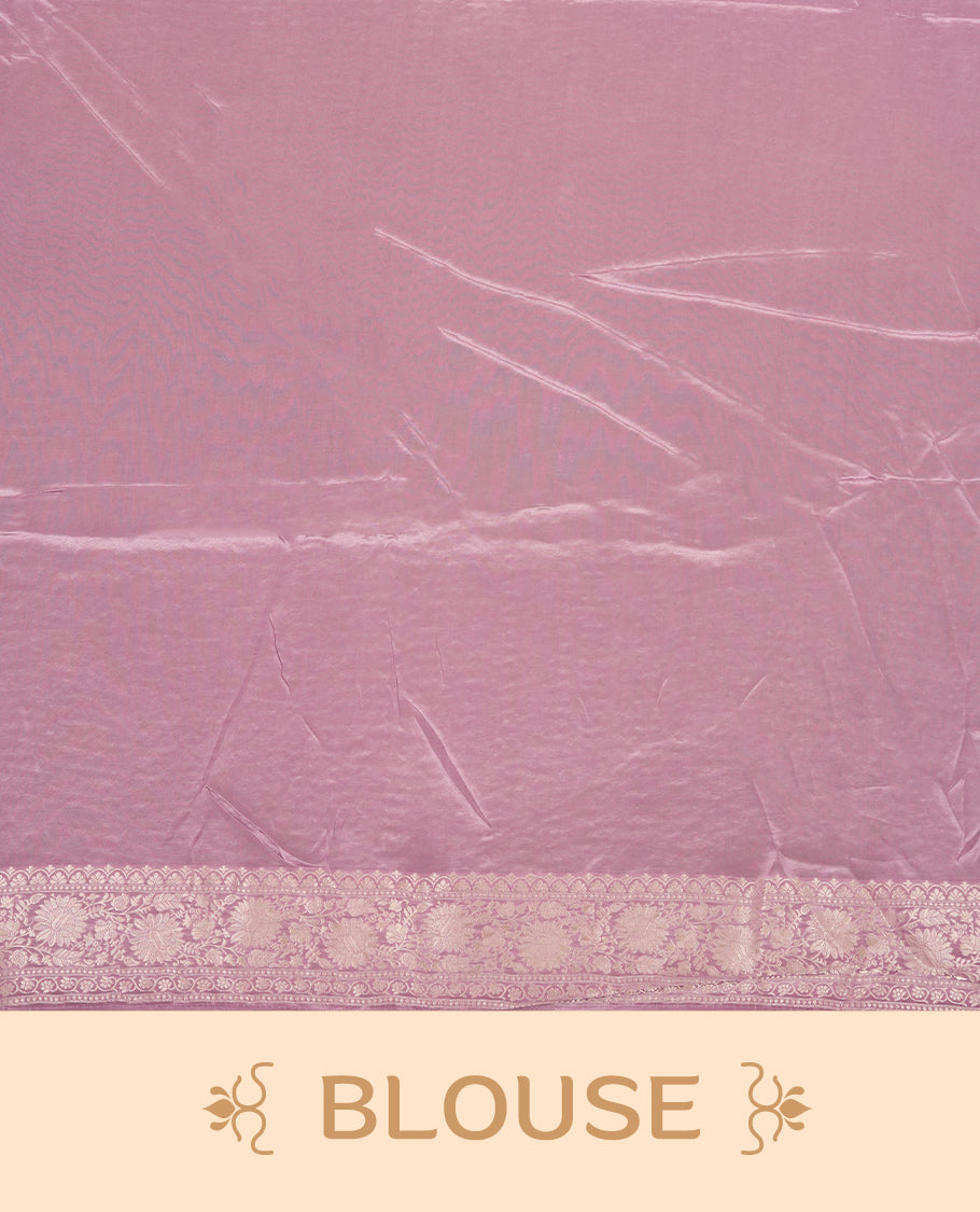 Lavender colour banaras satin crepe saree fearturing gold tiny leaf motifs on body, kodi visiri pattern on border & pallu and paired with matching blouse