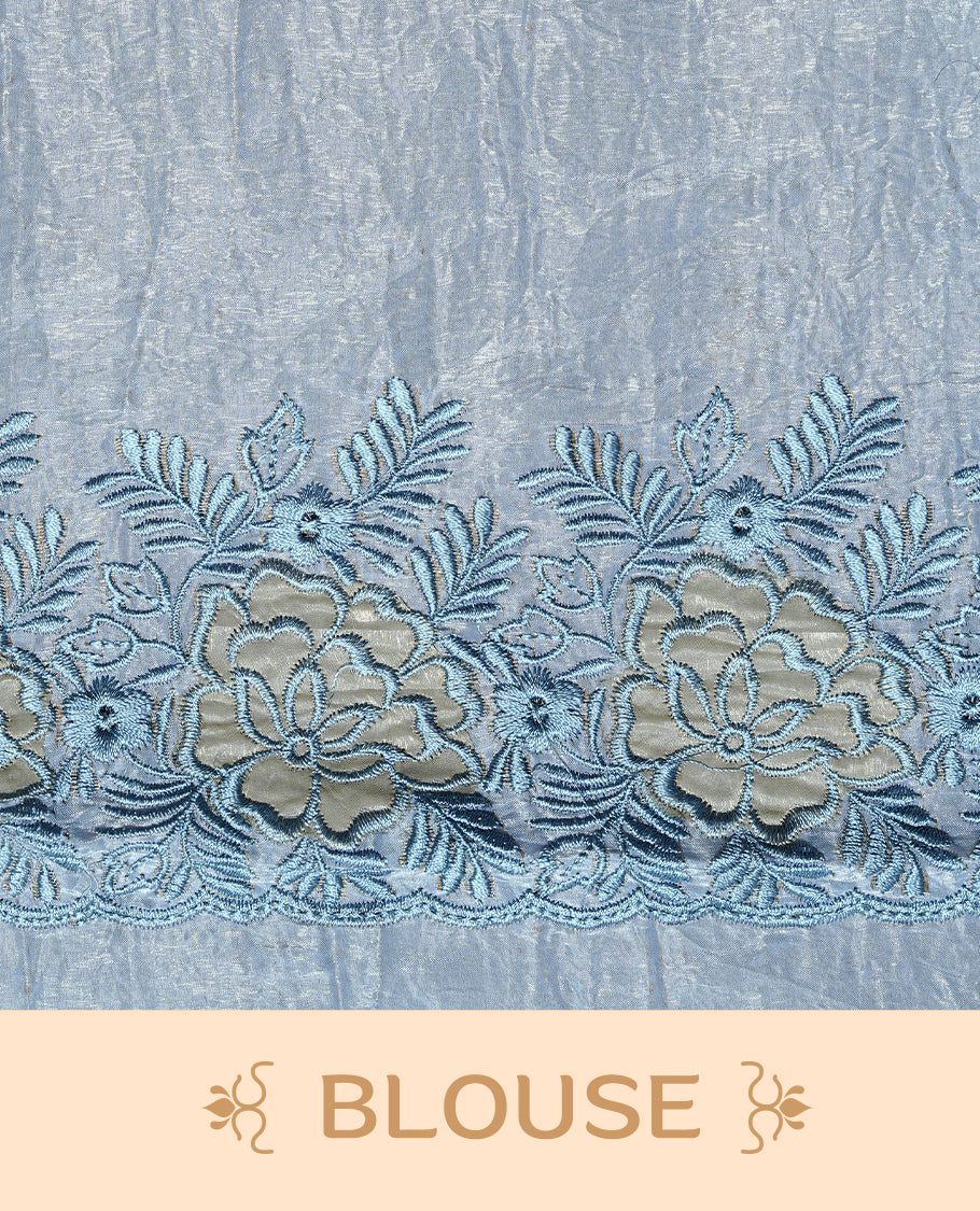 Pastel Blue colour Crush Organza Featuring Plain body, Enrich with Floral thread pattern & scalp border, paired with matching blouse piece.