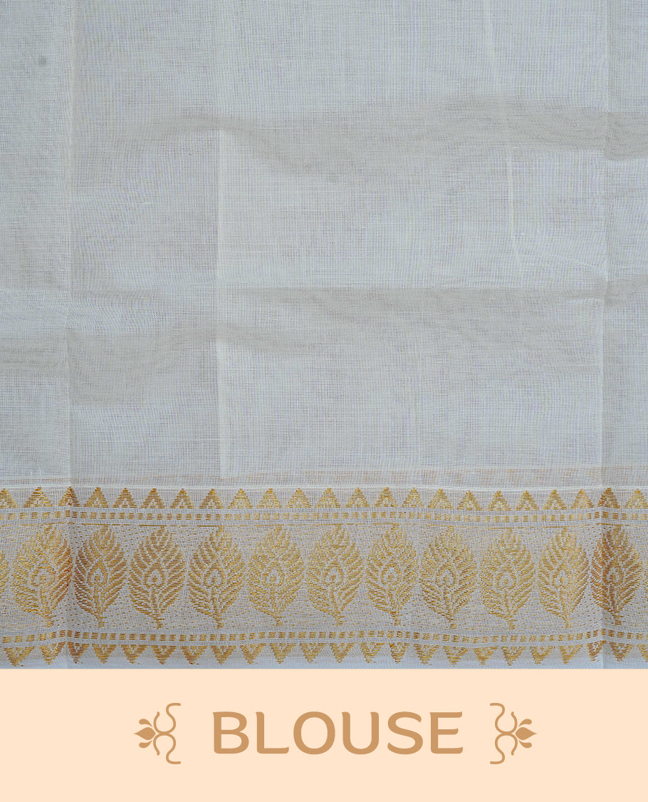 Cream Colour Cotton Kerala Saree Featuring Gold Buttas on the Body, a Classy Gold Zari Border, and a Traditional Maroon Colour Lord Krishna Thread work and Gold Zari Pallu, Paired with a Matching Blouse Piece.