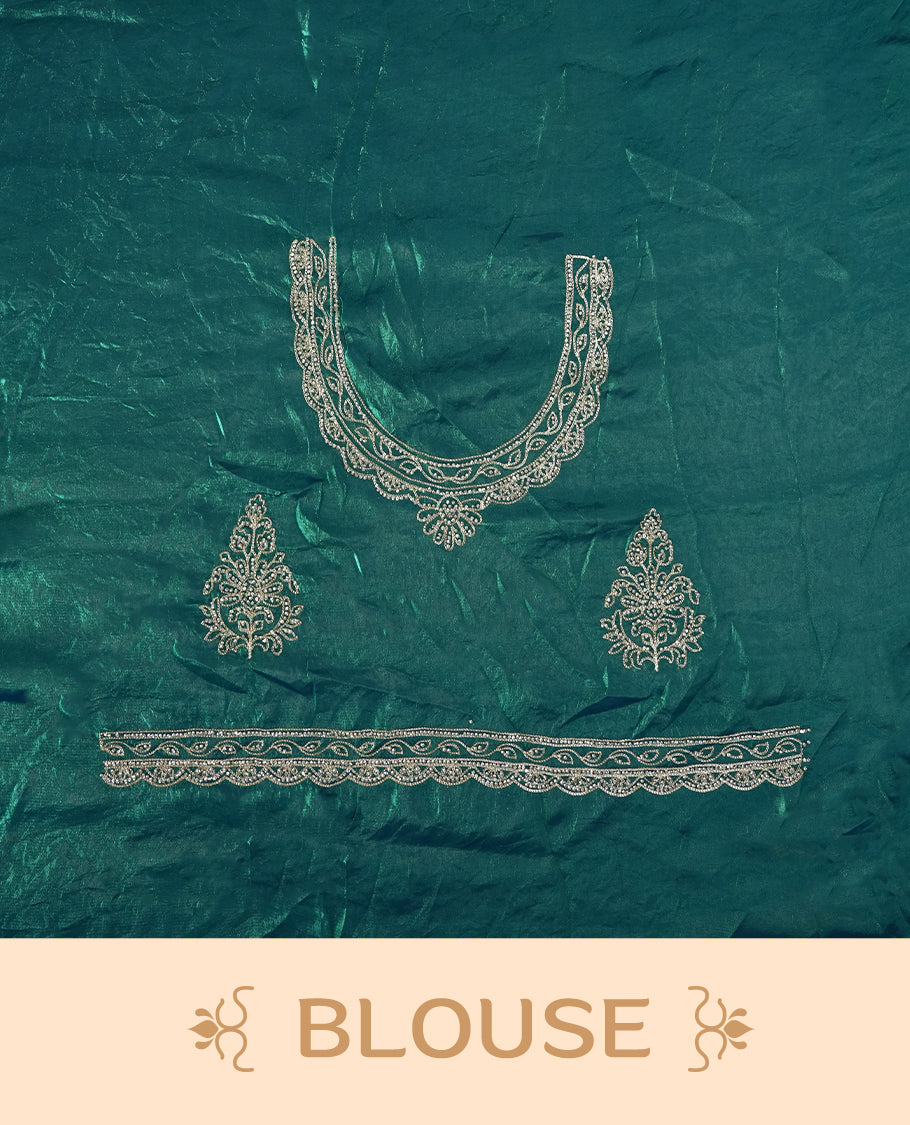Double shaded Blue colour velvet chiffon designer saree in elegant two tone shades, featuring light gold zari, kodi work with handwoven style thread aari & dori embroidery work, Swarovski stone work and all over motifs, comes with matching blouse.