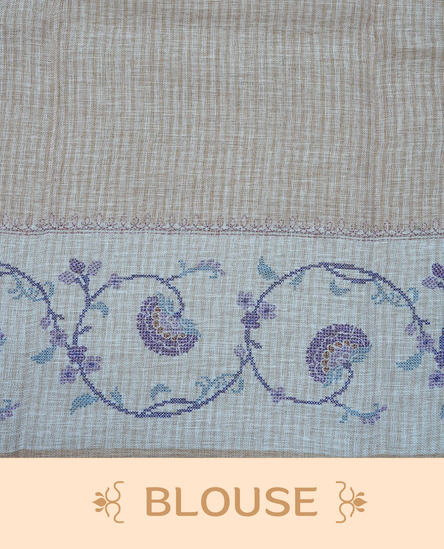 Beige colour semi linen saree featuring floral print on body, complemented by contrast Light gold colour with Design print border, comes with matching blouse piece.