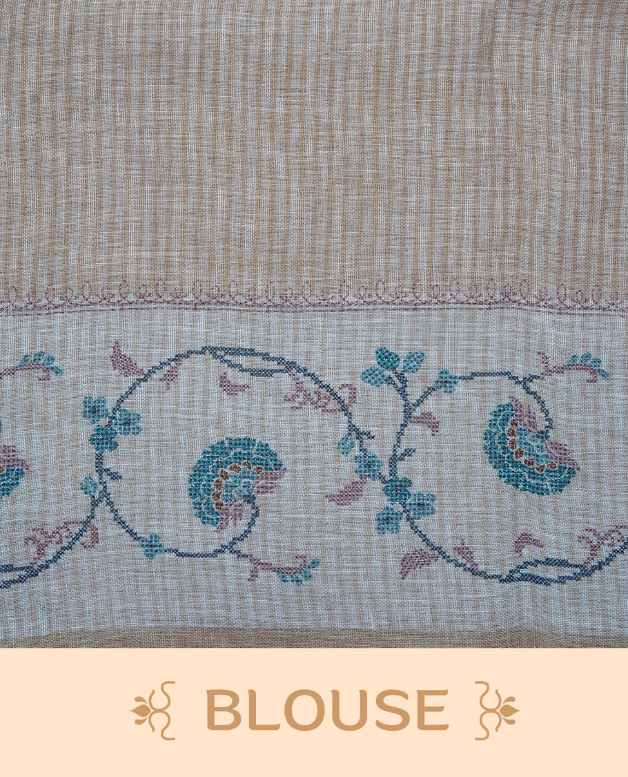 Beige colour semi linen saree featuring floral print on body, complemented by contrast Light gold colour with Design print border, comes with matching blouse piece.