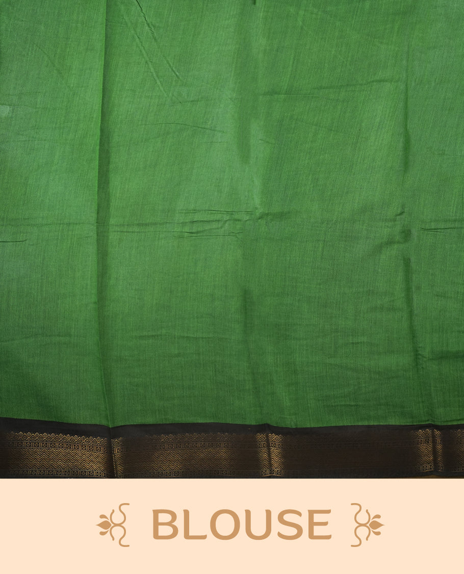 Green colour mixed chanderi cotton saree with black dotted square motifs, black and golden zari border with triangle geometric pattern, striped pallu, and matching green blouse