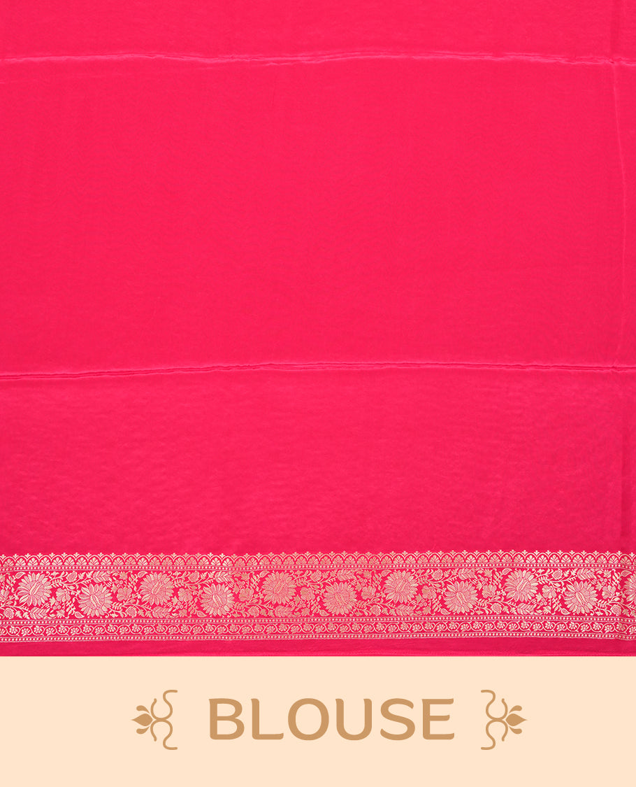 Rani pink colour banaras satin crepe saree fearturing gold tiny leaf motifs on body, kodi visiri pattern on border & pallu and paired with matching blouse