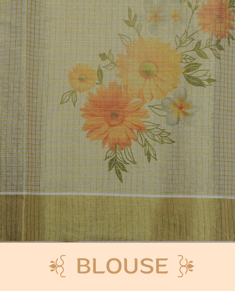 Light gold colour tissue Kerala saree featuring Floral print & Gold zari check on body, complemented by gold Border, comes with matching blouse piece.