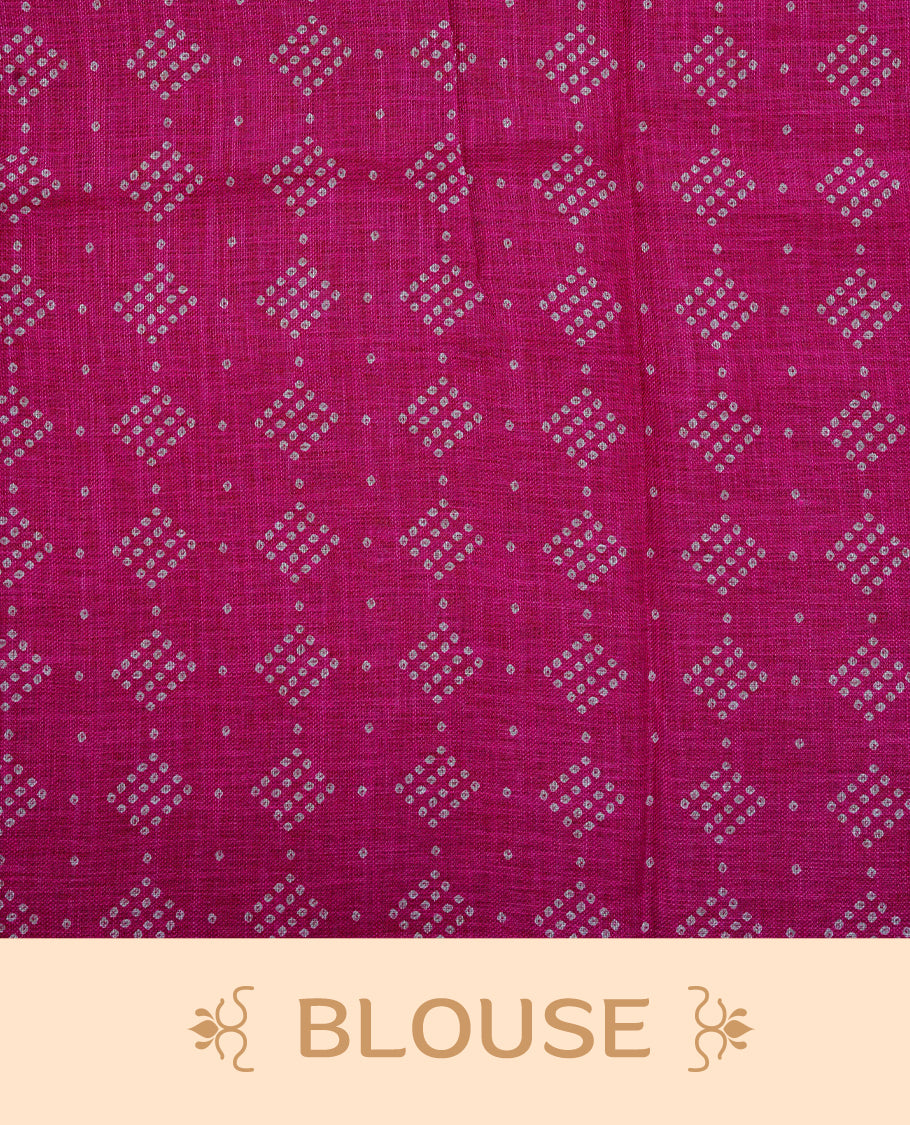 Cream colour semi linen saree featuring Pink Ajrakh pattern print on body, complemented by contrast Red colour with same pattern print Pink border, comes with matching blouse piece.