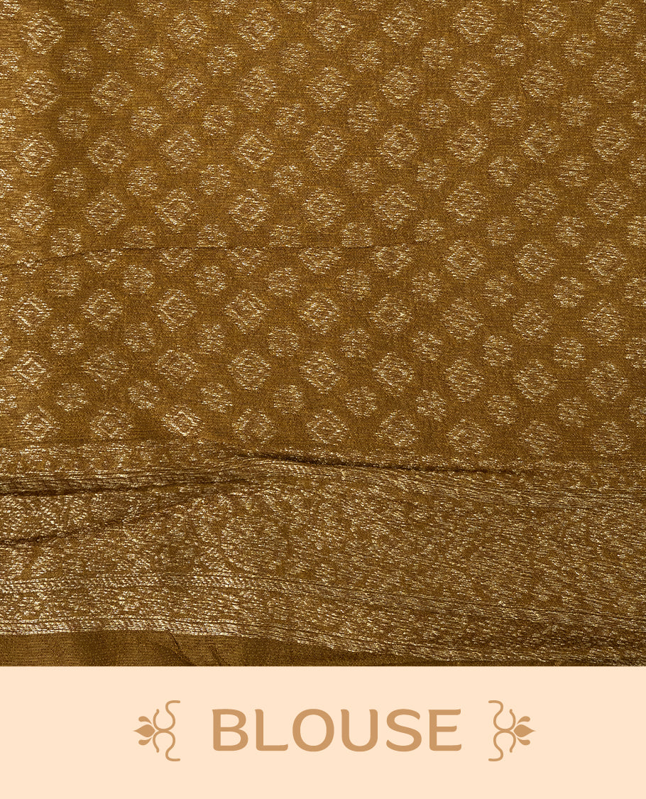Burnt Mustard colour Semi banaras tussar georgette Saree featuring Antique zari motifs on body, enhanced with antique zari border, paired with a matching blouse piece.