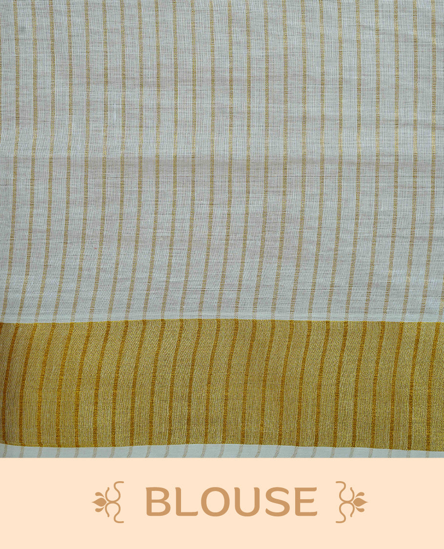 Cream Colur Cotton Kerala Saree Featuring Gold Zari Strips Across On The Body, Classic  Gold Zari Border & Pallu,Paired With A Matching Blouse Piece.