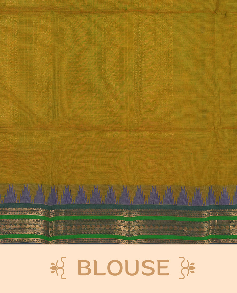 Olive green & Blue dual shaded Chettinad cotton saree adorned with small woven dots on the body, saree features a striking blue and green border with intricate golden zari patterns and geometric motifs & Comes with a matching blouse piece.