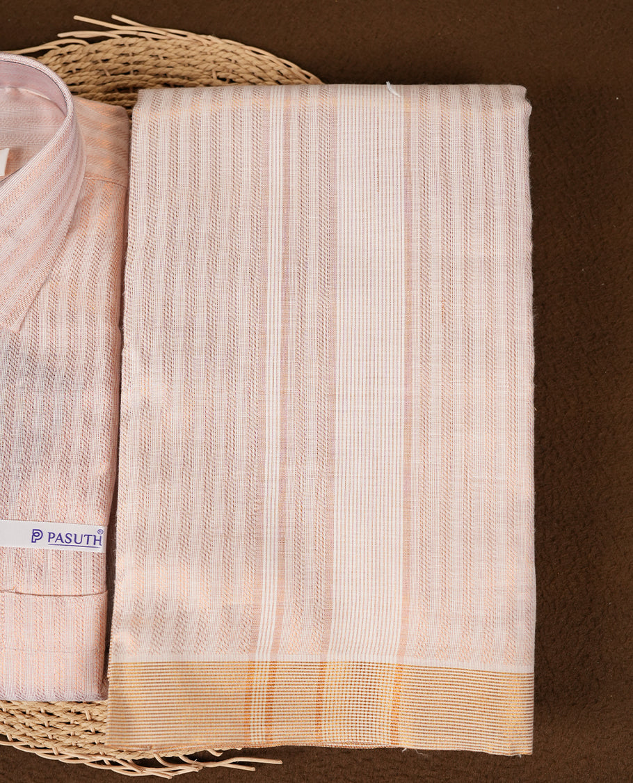 Copper color stripe shirt & dhoti set by PASUTHI with rich zari weave and elegant shin, Ideal for weddings, functions & festives.