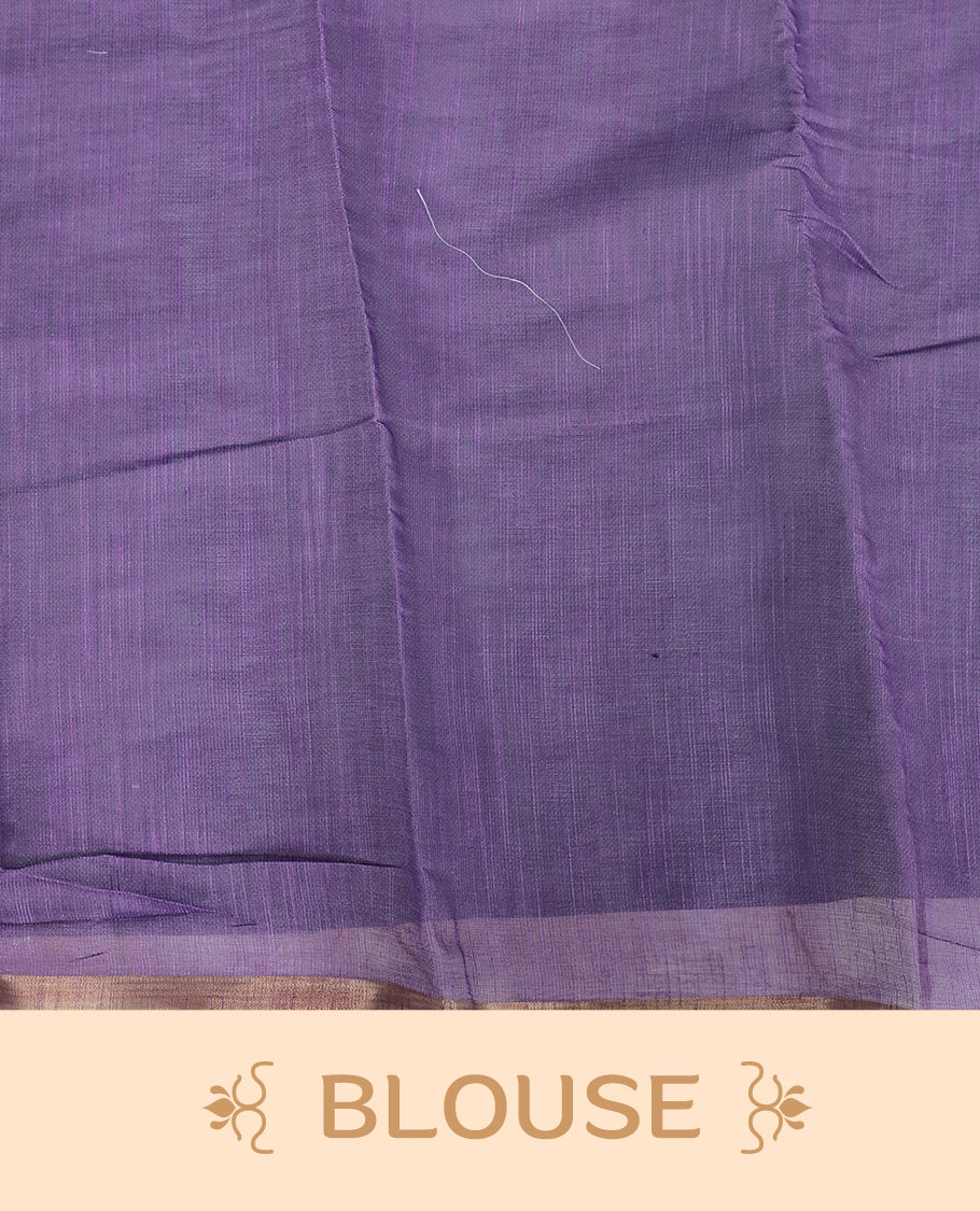 Off-white linen saree featuring beautiful Purple floral and leafy prints on the body, complemented by a tissue piping border and a contrasting pallu. Paired with a matching blouse piece.