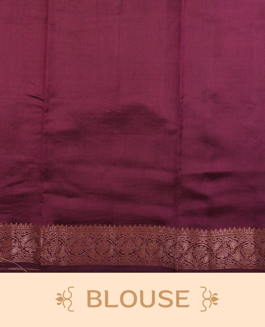 Purple Banaras soft silk saree with gold zari oval motifs on body, with contrast Deep Purple colour floral pattern on pallu, border, and Matching blouse.