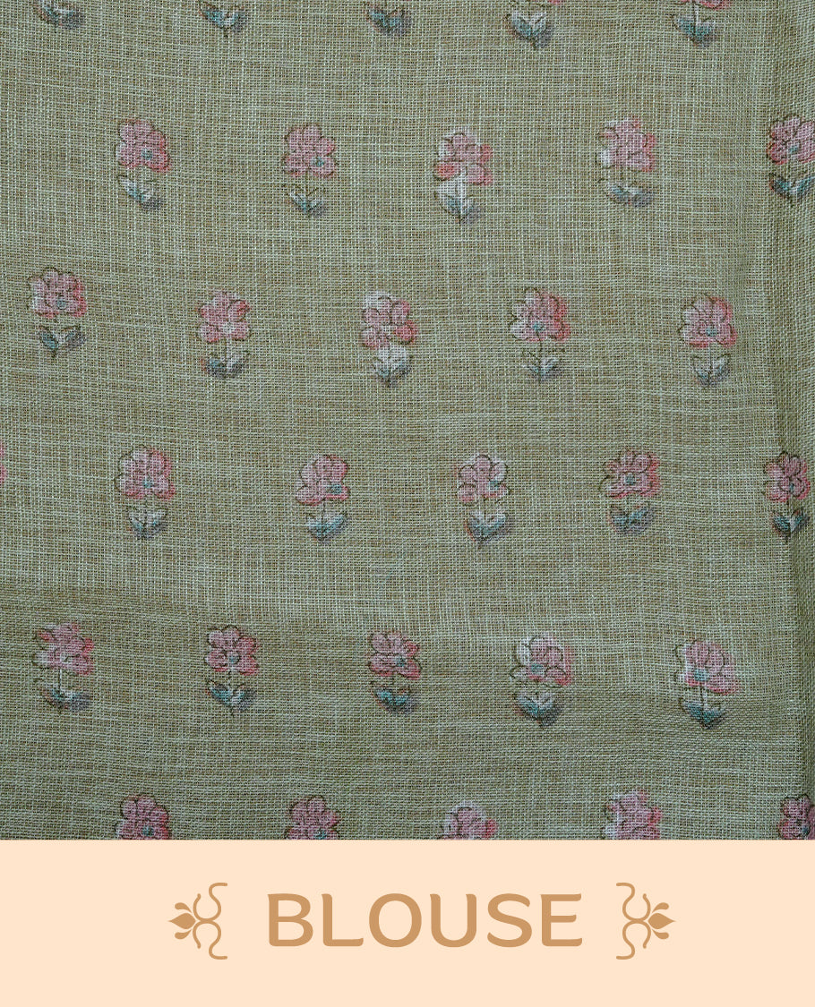 Cream colour semi linen saree featuring Light green colour floral print on body, complemented by contrast Light purple border, comes with matching blouse piece.