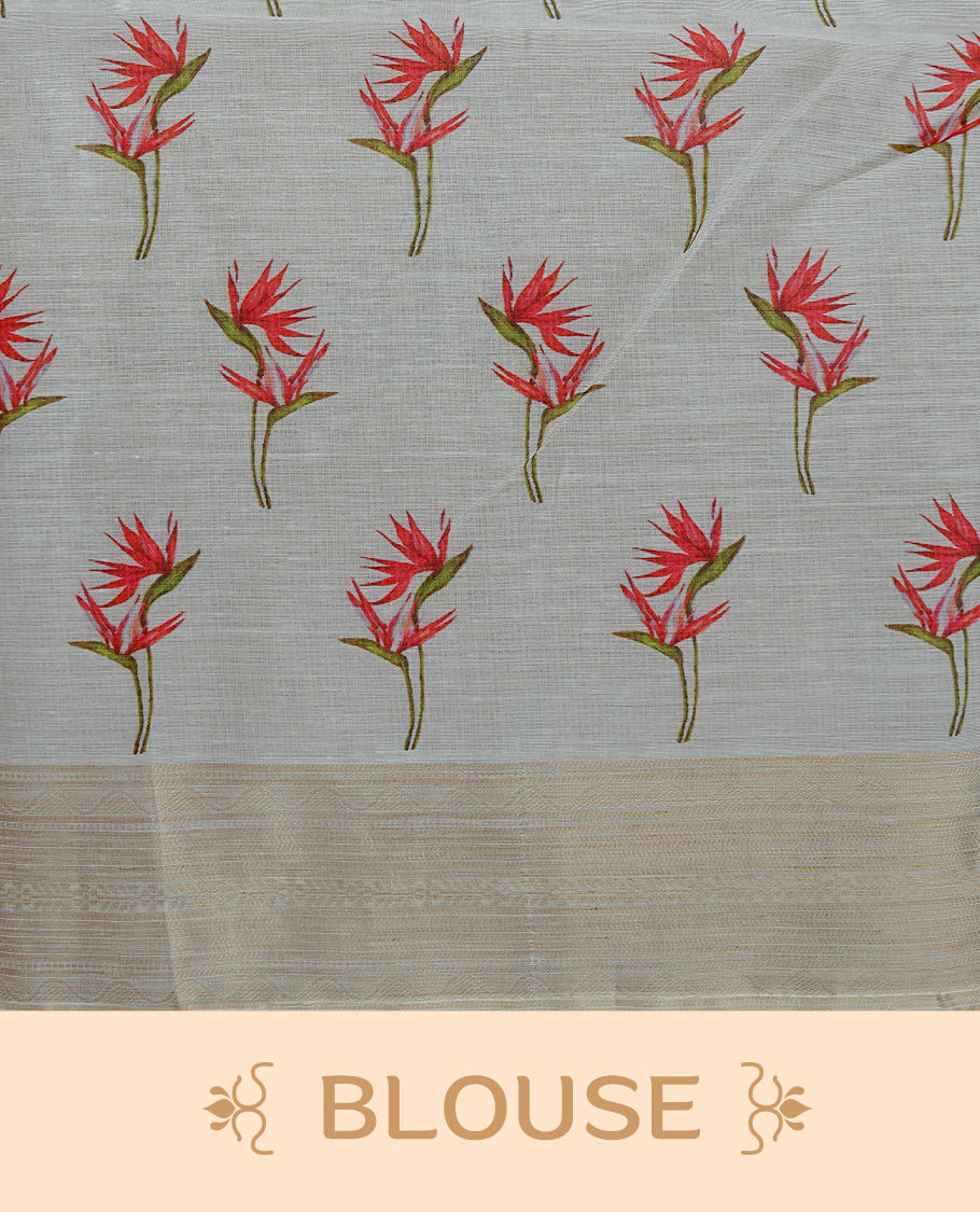 Cream colour Kerala saree featuring Light Gold Zari pattern, Red floral printed border & zari Border, pallu ,comes with matching blouse piece.