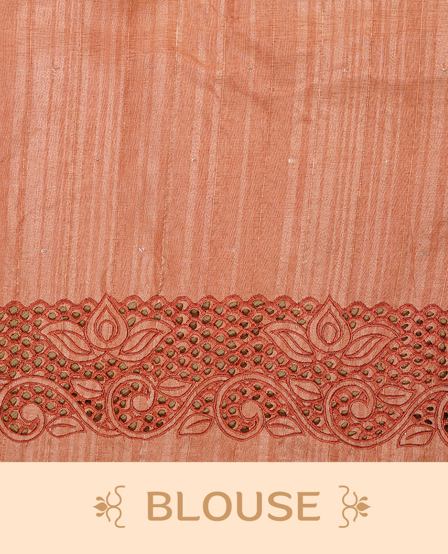 Peach colour Semi Tussar silk saree features an intricate cutwork embroidered peacock motifs on border, paired with a matching unstitched blouse piece.