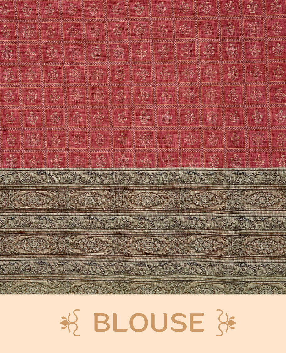 Off white Semi Linen Saree featuring One side Teal Indian Cultural Painting print, silver tissue border, comes with Matching blouse piece with same unique Pattern.