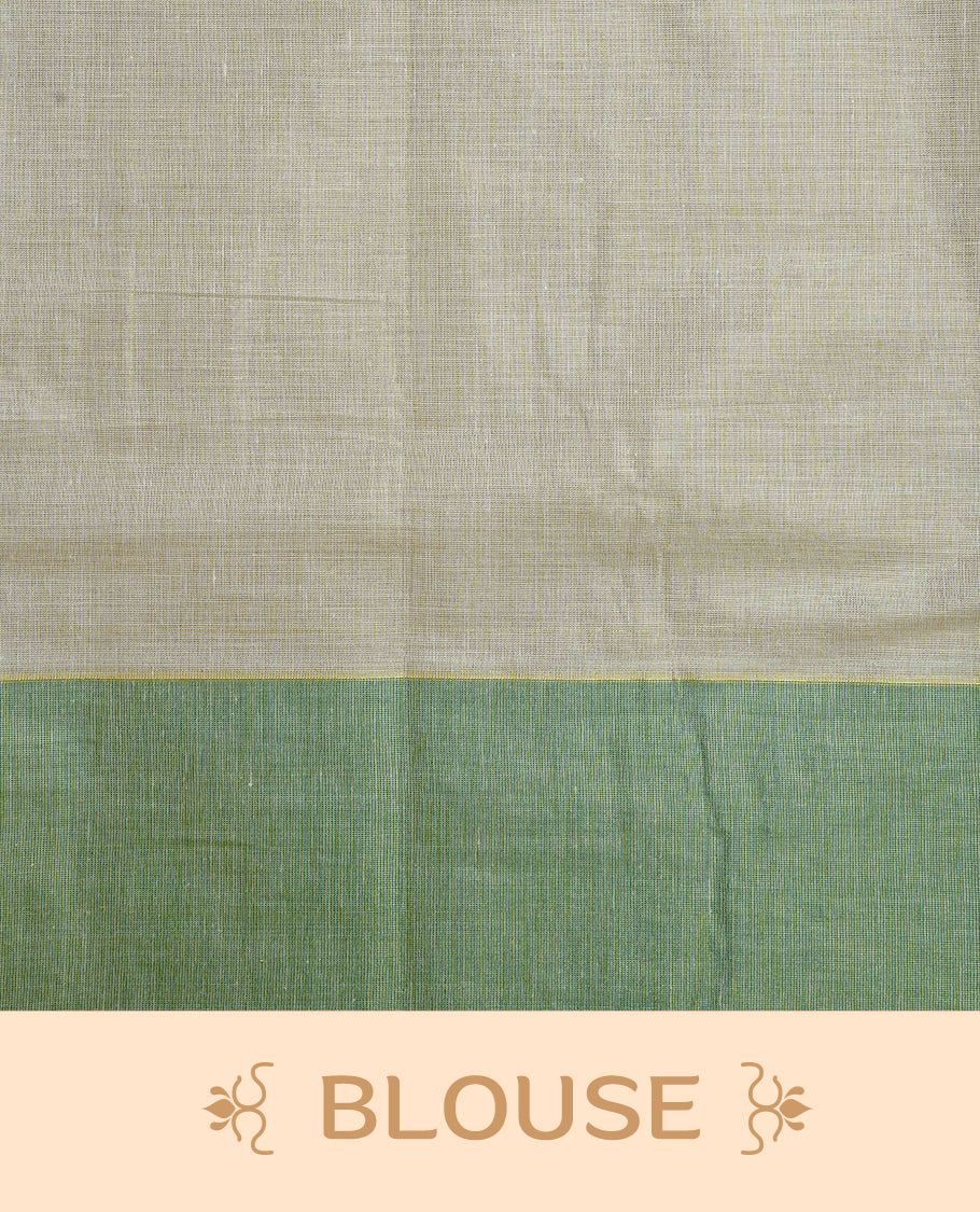 Cream Colour Tissue Kerala Saree Featuring Delicate Green  Floral Embroidery Work Across The Body, Enhanced With A Light Green  Zari Border And A Rich Green & Gold Zari Pallu, Finished With Green Tassels And A Matching Blouse Piece
