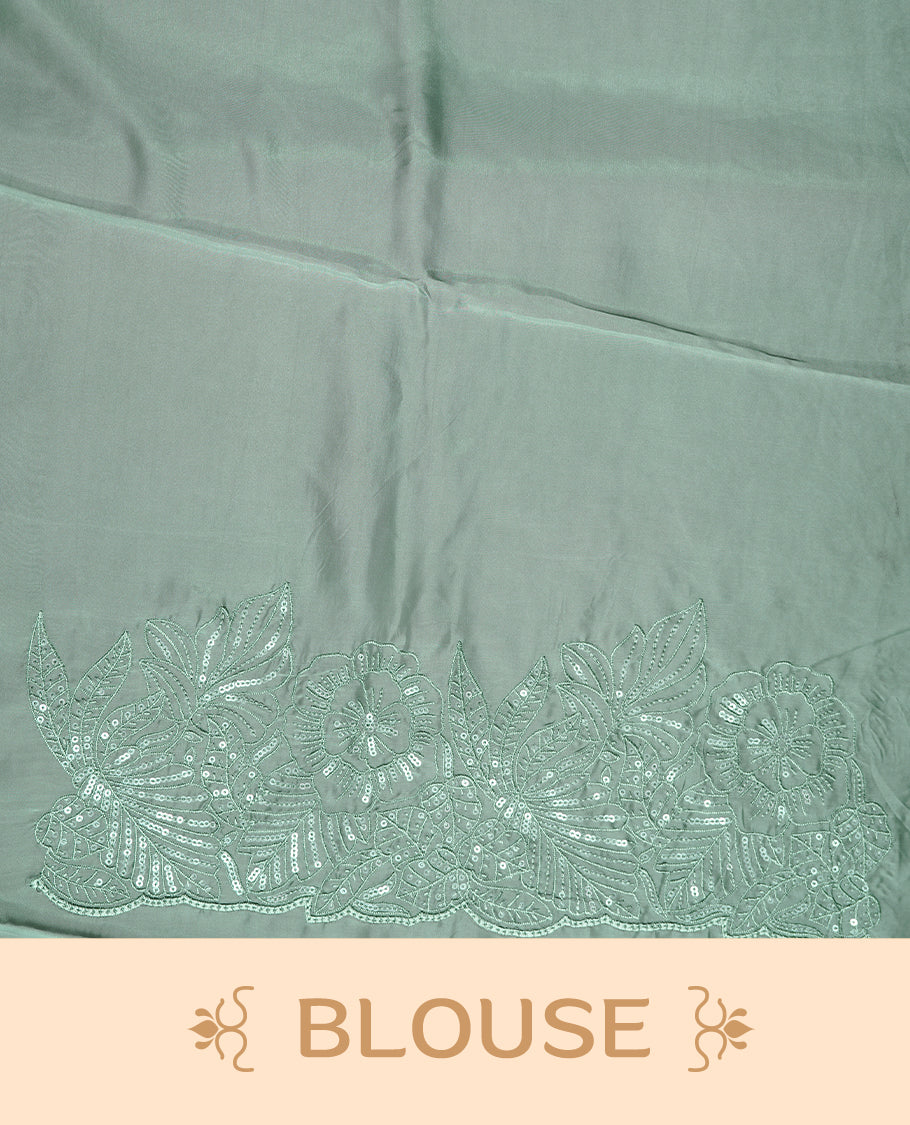 Pastel Green colour Designer saree featuring Elegant Thread & sequins  body, complemented self colour thread & Sequins scalp border, paired with matching blouse piece.