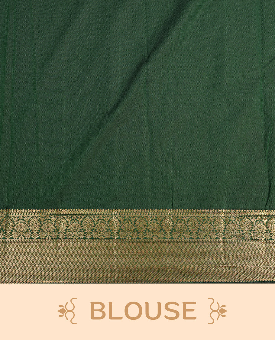 Mustard colour semi wedding saree featuring gold zari motif on check pattern on body, complemented by contrast green with traditional border, paired with matching blouse piece.