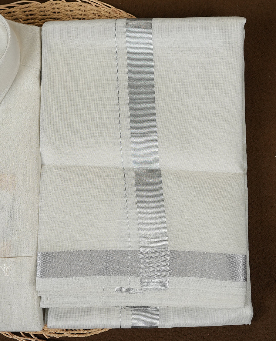 RAMRAJ Silver Colour shirt paired with a matching dhoti, elegantly finished with a gold border.