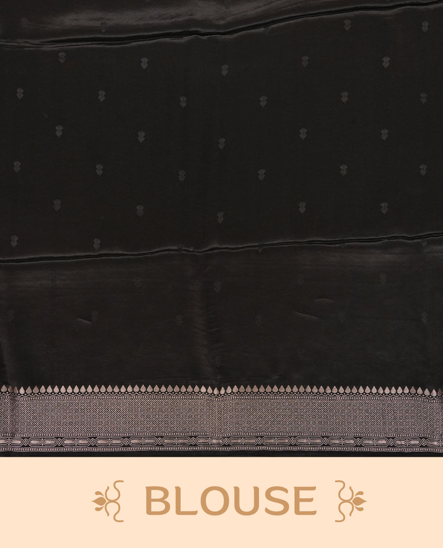 Black colour Mysore Crepe Silk saree fearturing gold Zari kodi visiri & Animal brocade pattern on body and self colour border paired with matching blouse