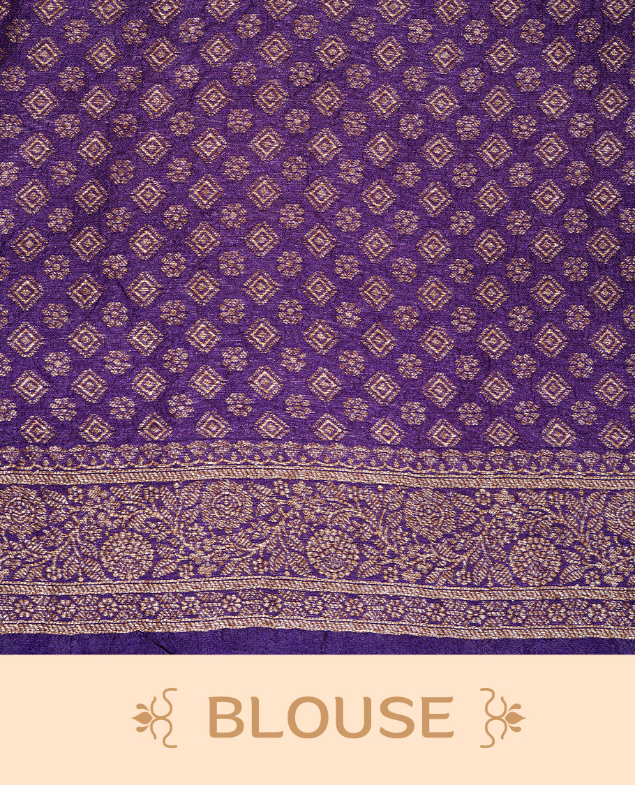 Violet colour Semi banaras tussar georgette Saree featuring Antique zari motifs on body, enhanced with antique zari border, paired with a matching blouse piece.