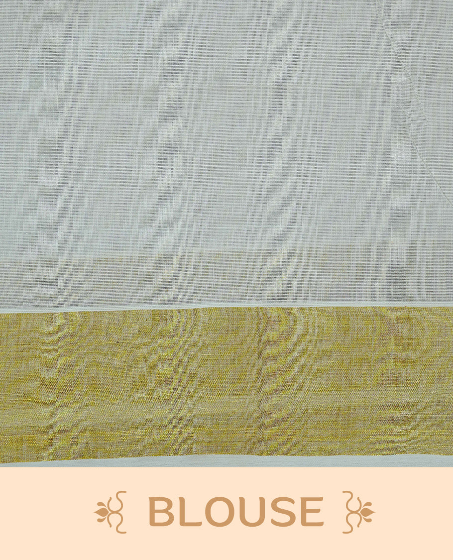 Cream Colour Kerala Saree Featuring Multicolour Dot Prints On The Body, Complemented By A Traditional Gold Zari Border, Paired With A Matching Blouse Piece.