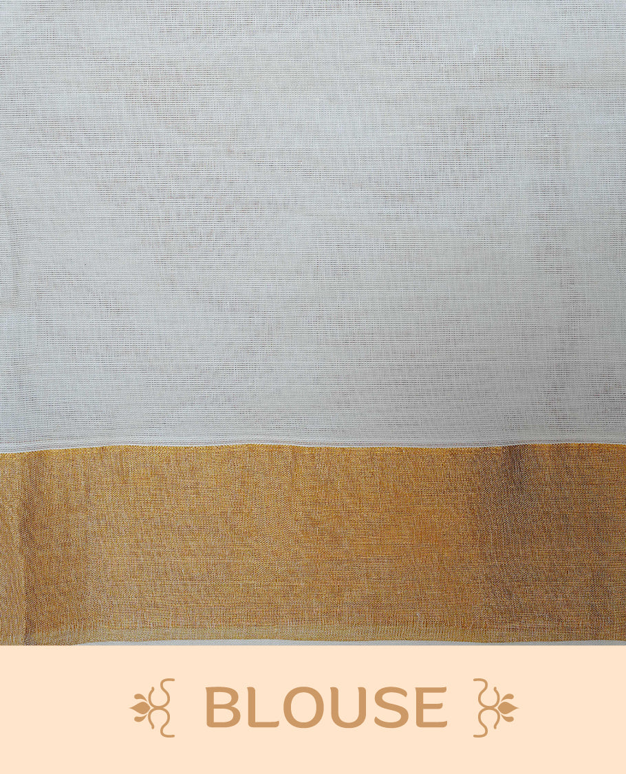 Cream Colour Cotton Kerala Saree Featuring an Elegant Plain Body, a Classy Gold Zari Border, and a Traditional Gold Zari Pallu with Brown Accents, Paired with a Matching Blouse Piece.