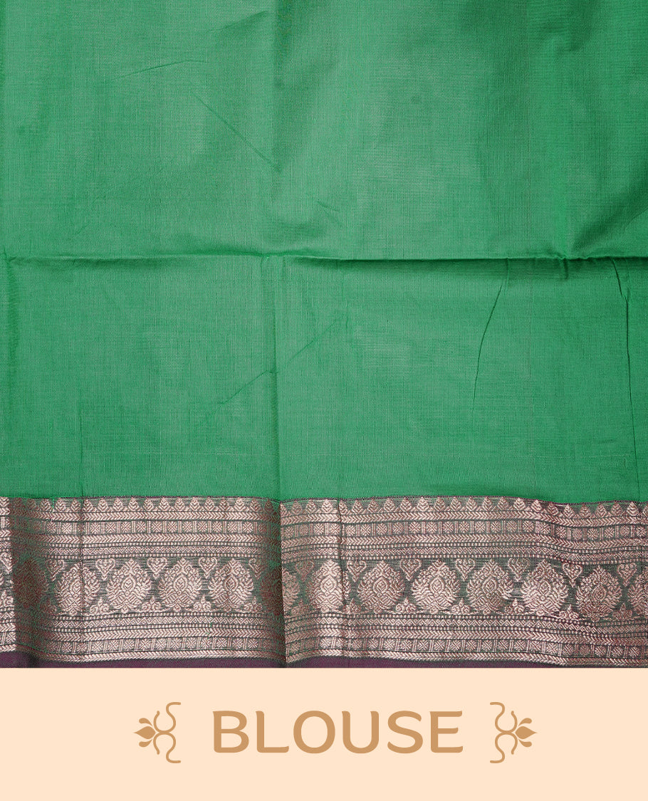Green colour chettinad cotton saree featuring gold zari stripes & motifs on body, complemented by Contrast Maroon colour with zari border, paired with matching blouse piece.