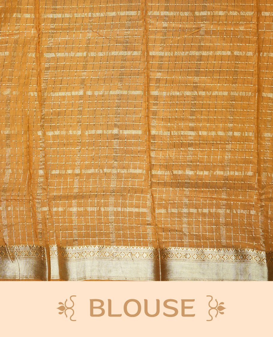 Purple colour mixed chanderi cotton saree with silver zari checkered body, mustard-golden pallu with grid pattern, golden zari border, and matching blouse