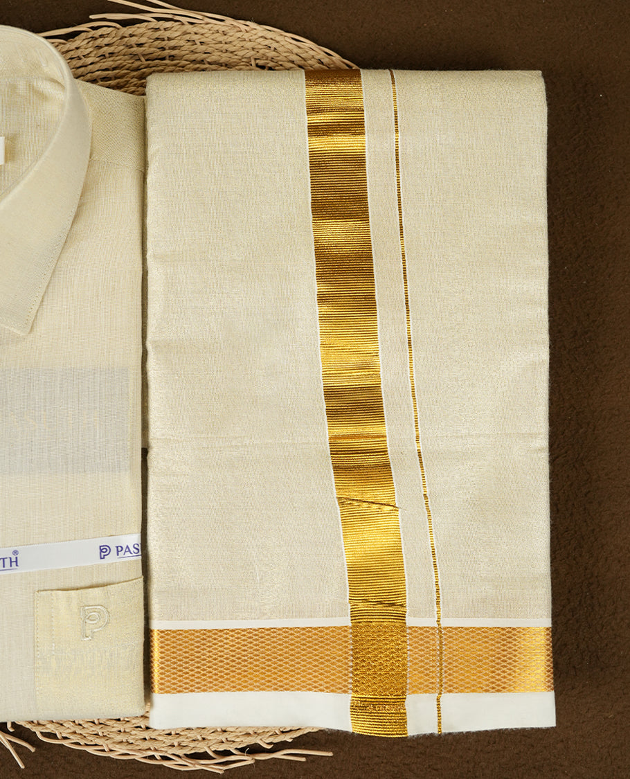 Gold color shirt & dhoti set by PASUTHI with rich zari weave and elegant shin, Ideal for weddings, functions & festives.
