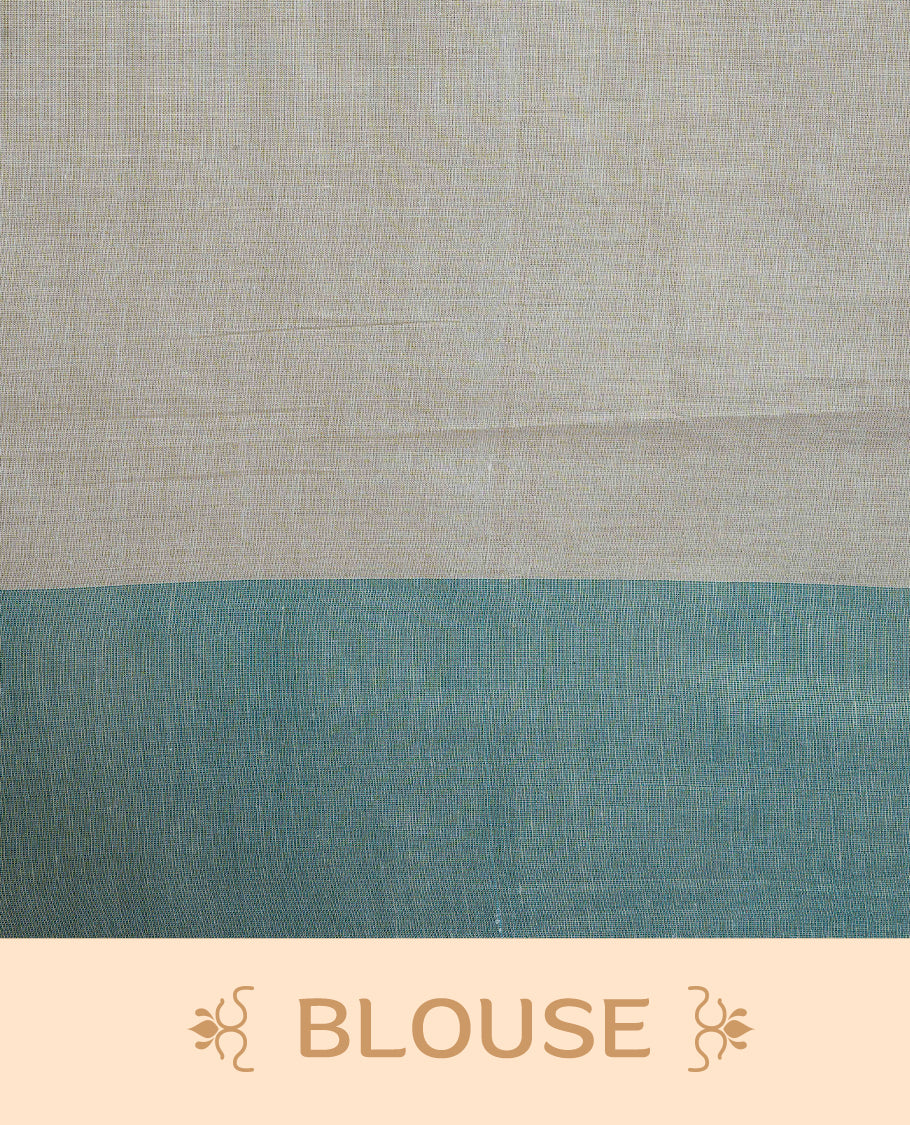 Cream Colour Tissue Kerala Saree Featuring a Plain Body, Enhanced with Sea Green Block  Printed Borders, a Sea Green and Gold Zari Pallu, Sea Green Tassels, and a Matching Blouse Piece.
