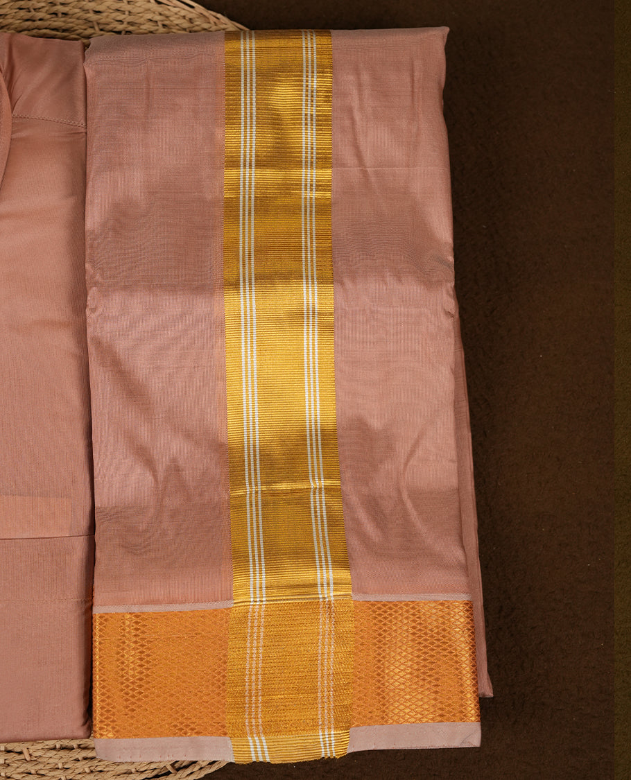 Copper colour Aswin’s wedding set featuring a refined silk shirt and matching dhoti with gold zari detailing, crafted for timeless elegance and perfect for traditional weddings and festive occasions.