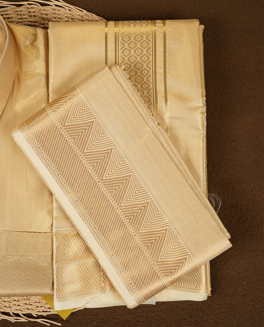 Biscuit colour Aswin’s wedding set featuring a refined silk shirt and matching dhoti with gold  zari detailing, crafted for timeless elegance and perfect for traditional weddings and festive occasions.
