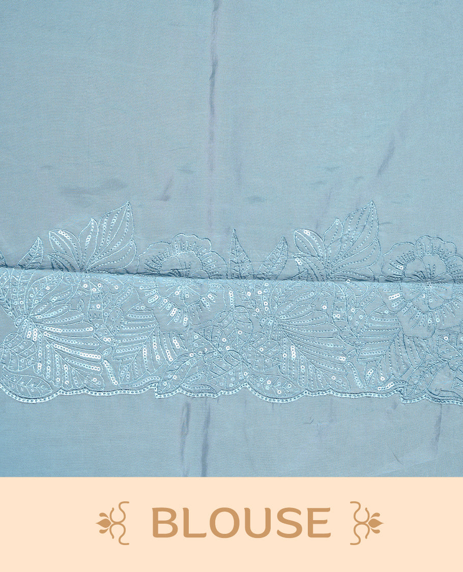 Pastel Blue colour Designer saree featuring Elegant Thread & Sequins body, complemented self colour thread & Sequins scalp border, paired with matching blouse piece.