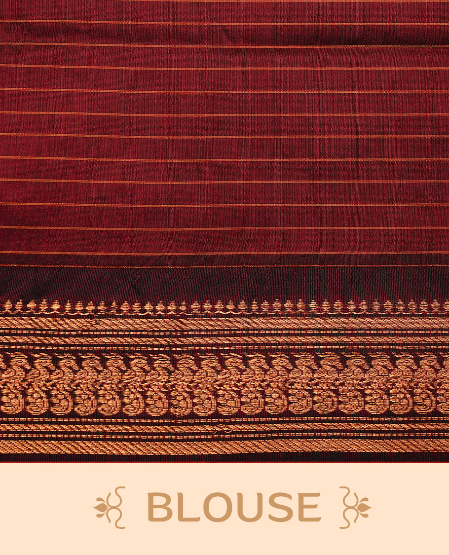 Mustard colour kalyani cotton saree featuring gold zari check pattern on body, highlighting contrast Maroon colour with Antique gold zari border, paired with matching blouse piece.