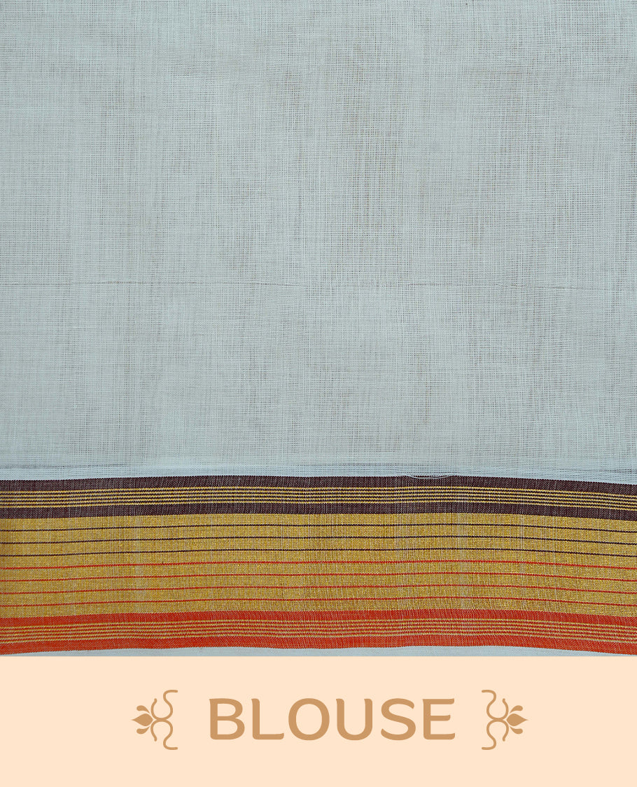 Cream colour Cotton kerala saree featuring Classy Plain body, complemented by Gold with Brown  & Orange zari border & Pallu, paired with matching blouse piece.
