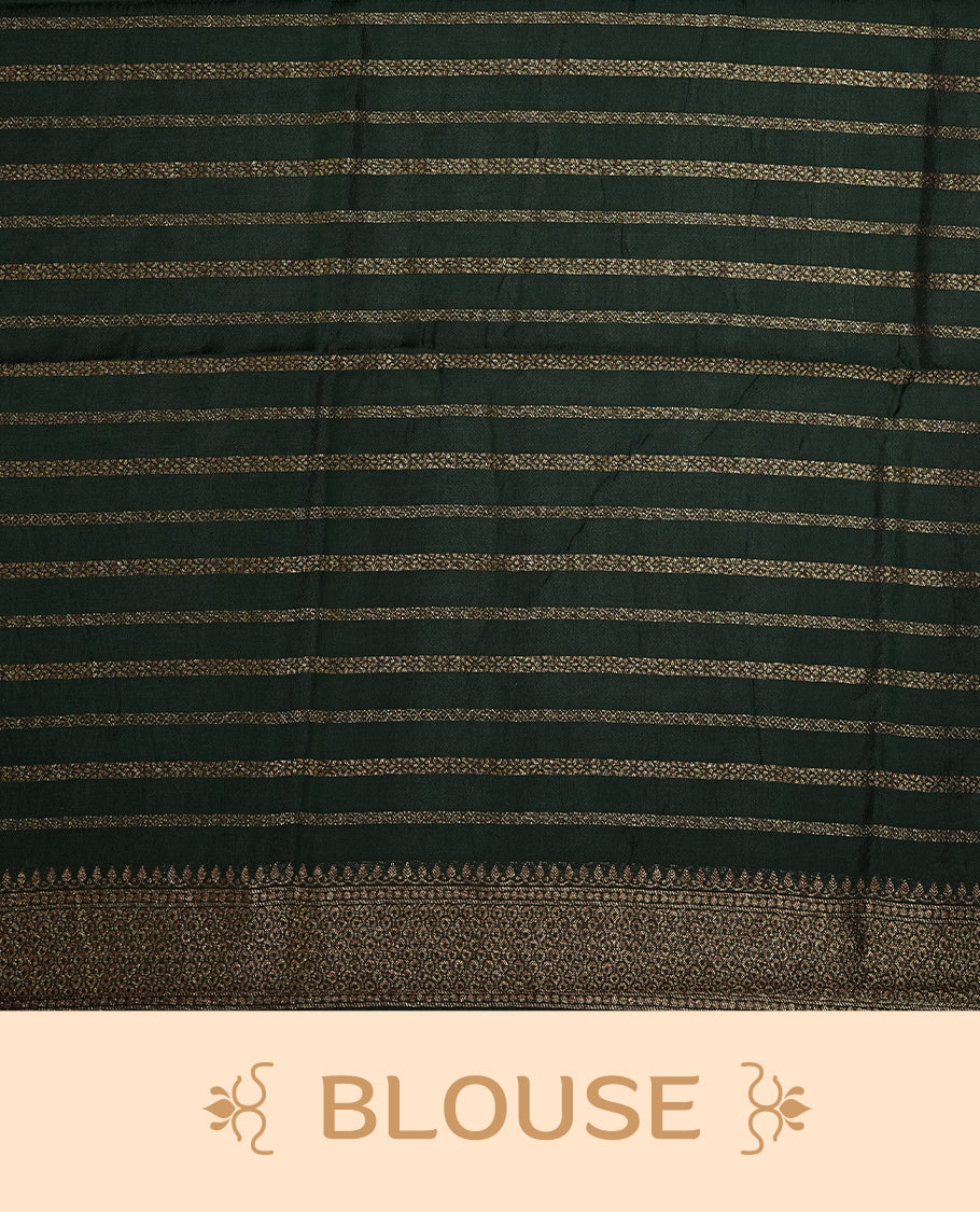 Dark green colour semi Banarasi Tussar Georgette saree with delicate gold zari buttas on the body, a rich golden zari pallu, and detailed woven border & Comes with a matching blouse piece.